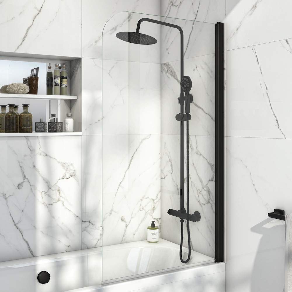 Scudo Black Radius Bath Screen Aluminium Glass