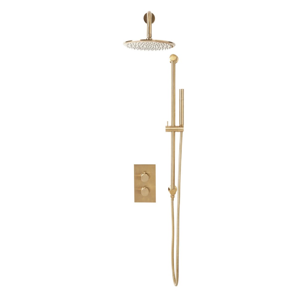 Scudo Core Brushed Brass Round Handle, Head & Handset Riser Shower Kit