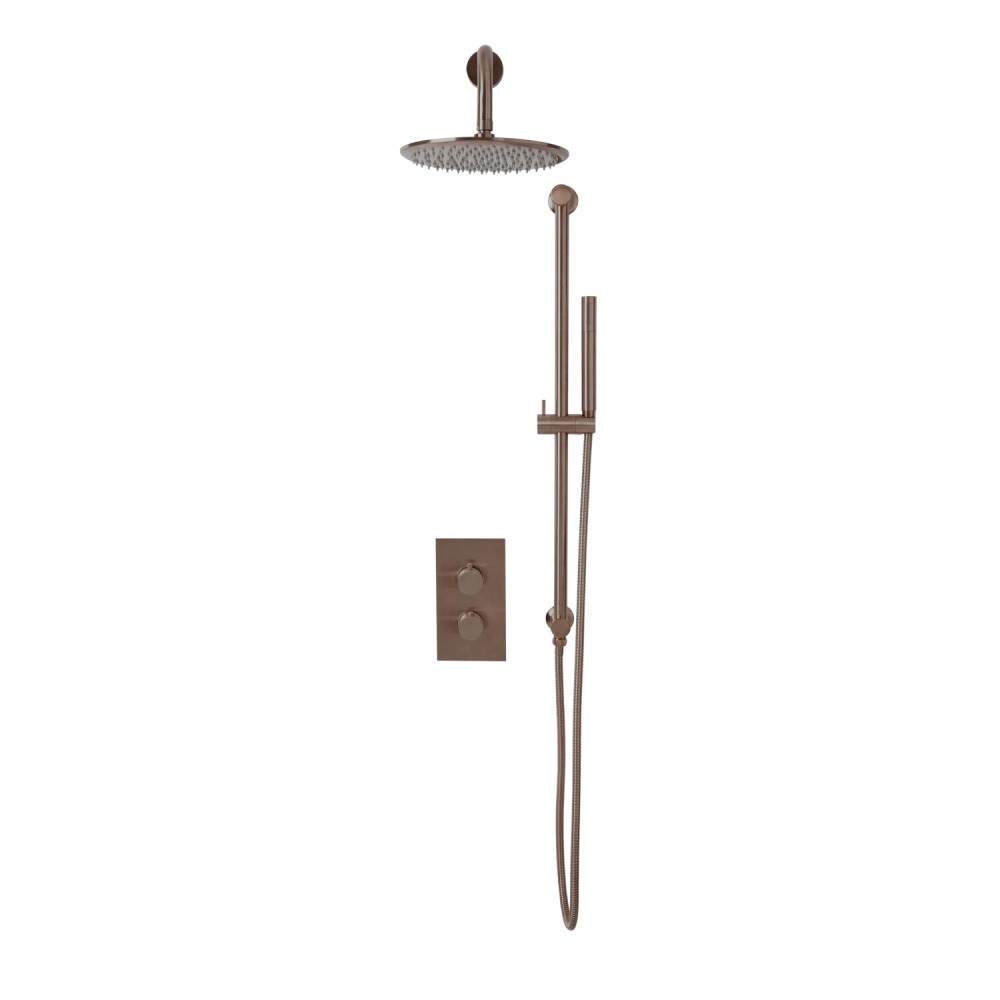 Scudo Bronze Core Brushed Round Handle, Head & Handset Riser Shower Kit Brass Stainless Steel