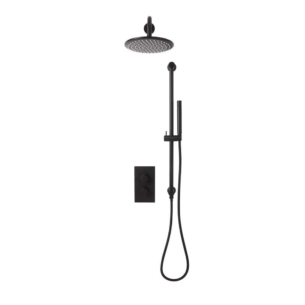Scudo Black Core Matt Round Handle, Head & Handset Riser Shower Kit Brass Stainless Steel