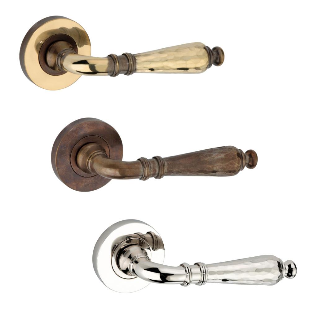 SpiraBrass Hammered Hazel Lever on Round Rose Door Handle
