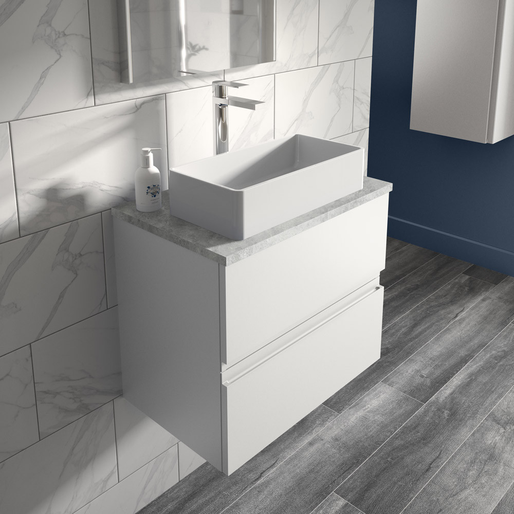 Hudson Reed Urban 600mm 2-Drawer Wall Hung Satin White Vanity Unit & Grey Worktop