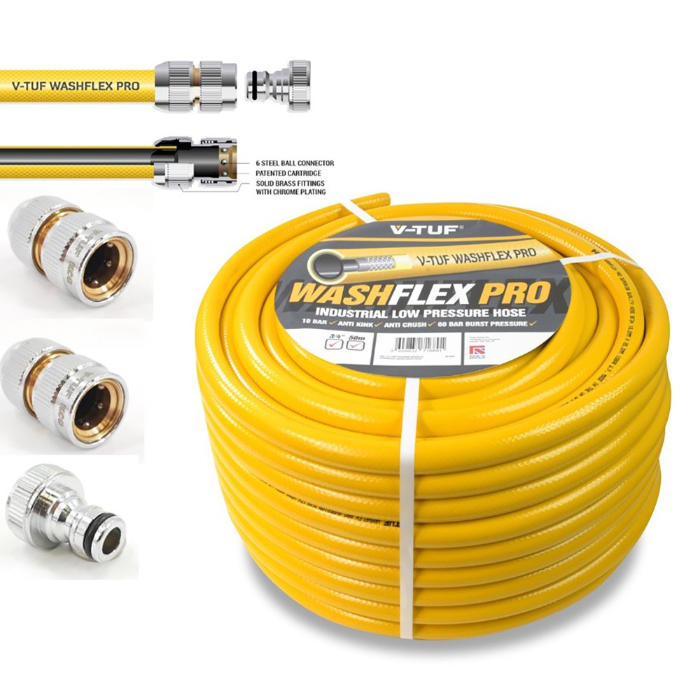 V-TUF 3/4 inch 10 Bar Washflex Water Supply Hose & KCQ Coupling Kit - 50m