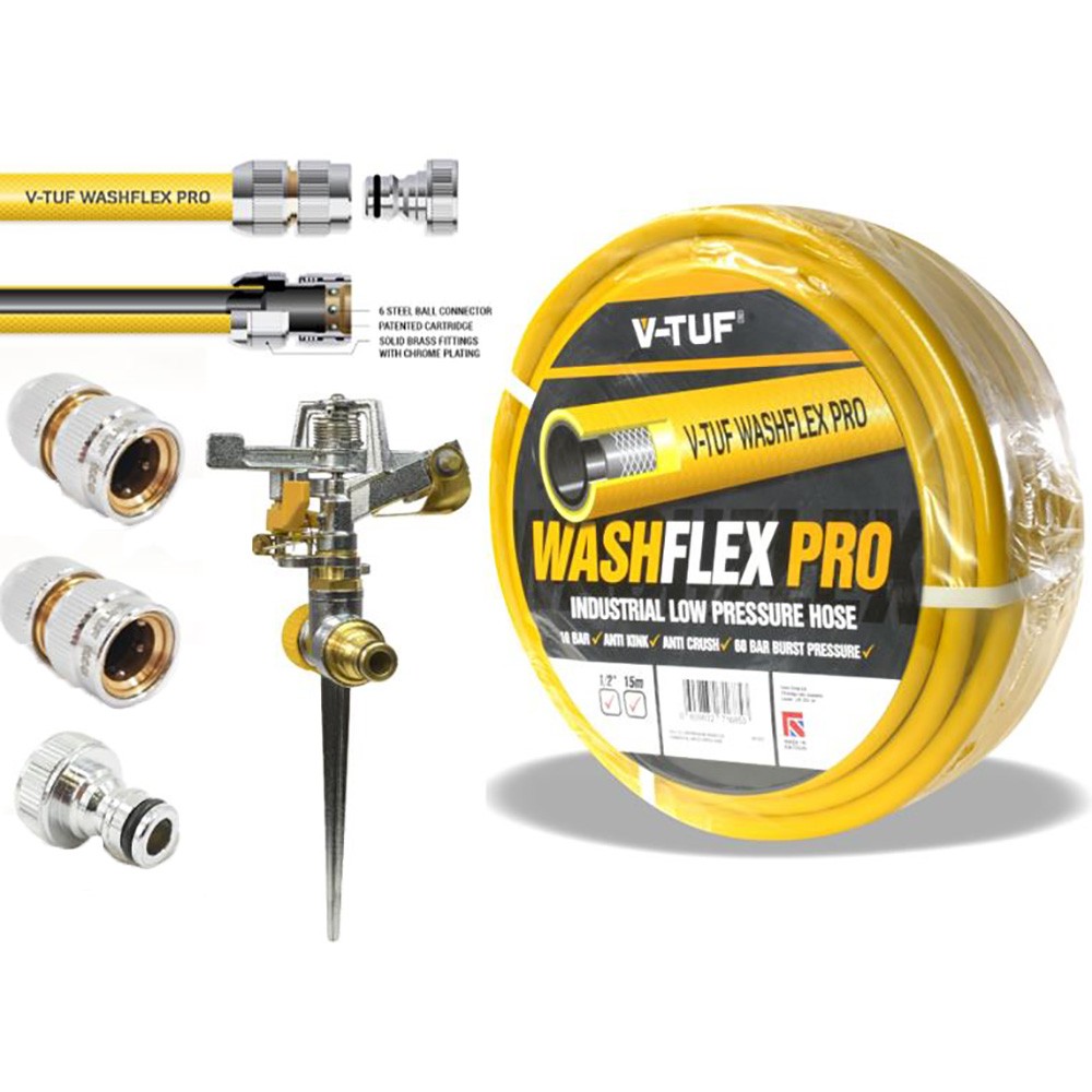 V-TUF 1/2 inch 10 Bar Washflex Pro Hose with KCQ Coupling & Irrigation Kit - 15m