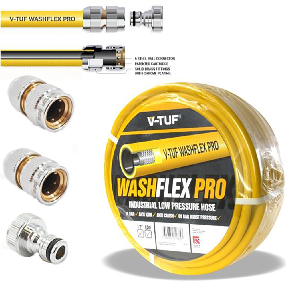 V-TUF 1/2 inch 10 Bar Washflex Pro Water Supply Hose & KCQ Coupling Kit - 15m