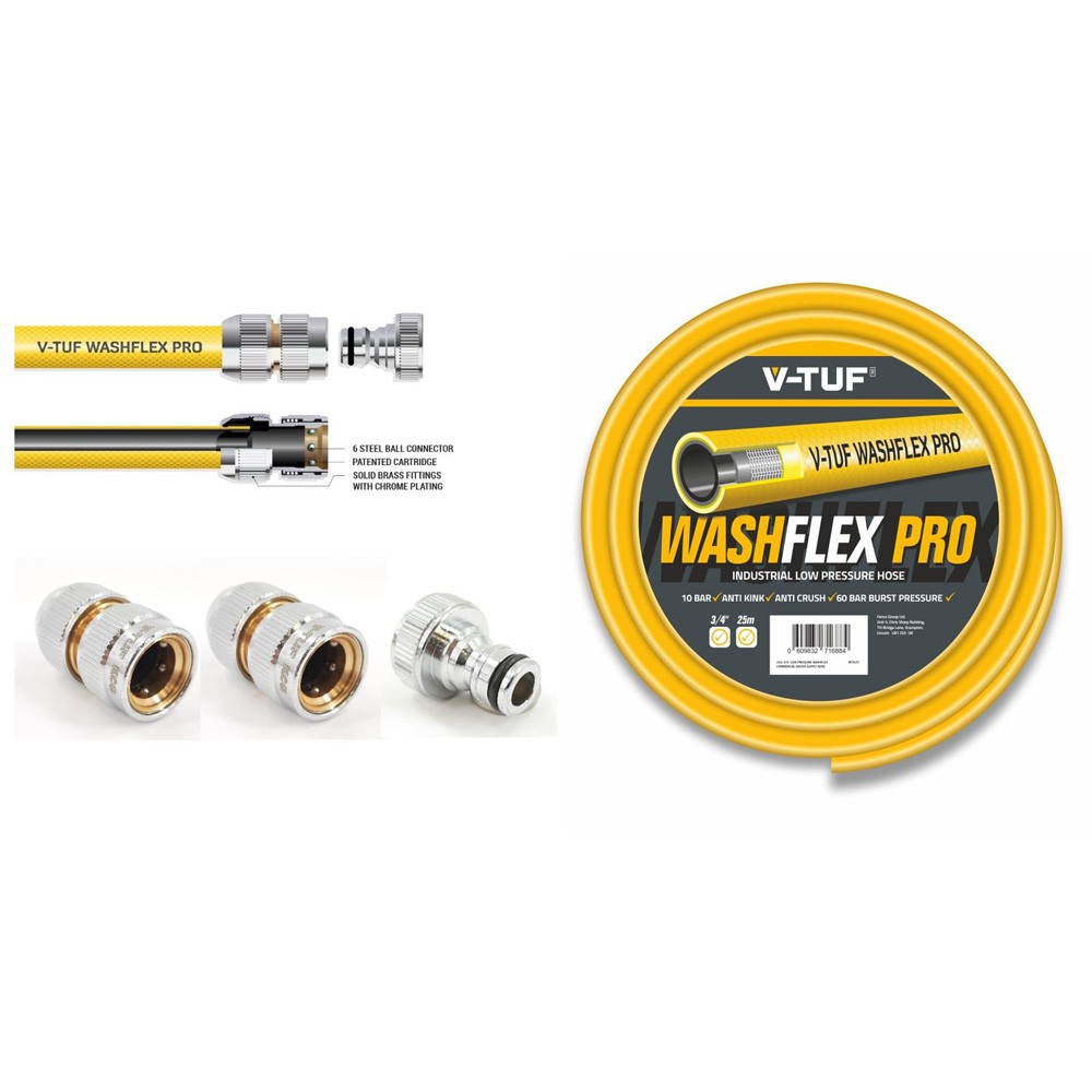 V-TUF 3/4 inch 10 Bar Washflex Water Supply Hose & KCQ Coupling Kit - 25m
