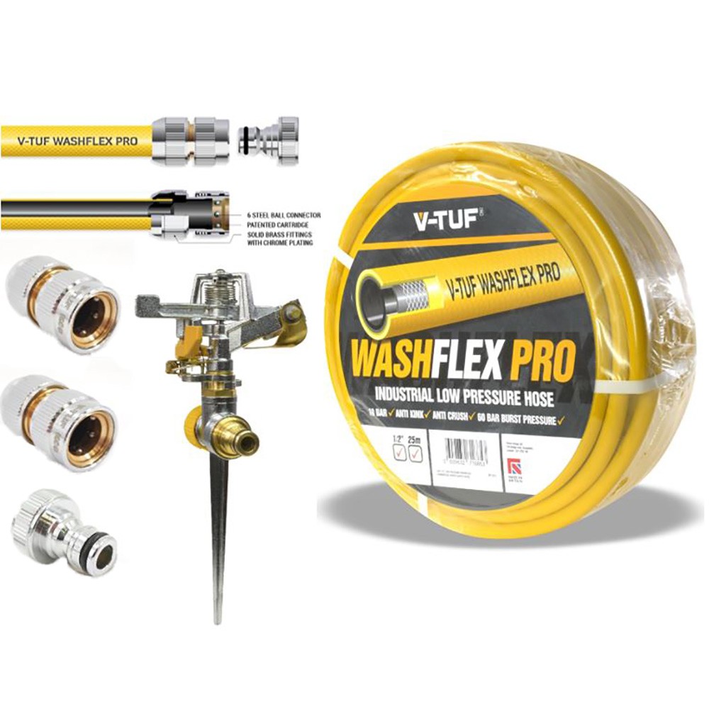 V-TUF 1/2 inch 10 Bar Washflex Pro Hose with KCQ Coupling & Irrigation Kit - 25m