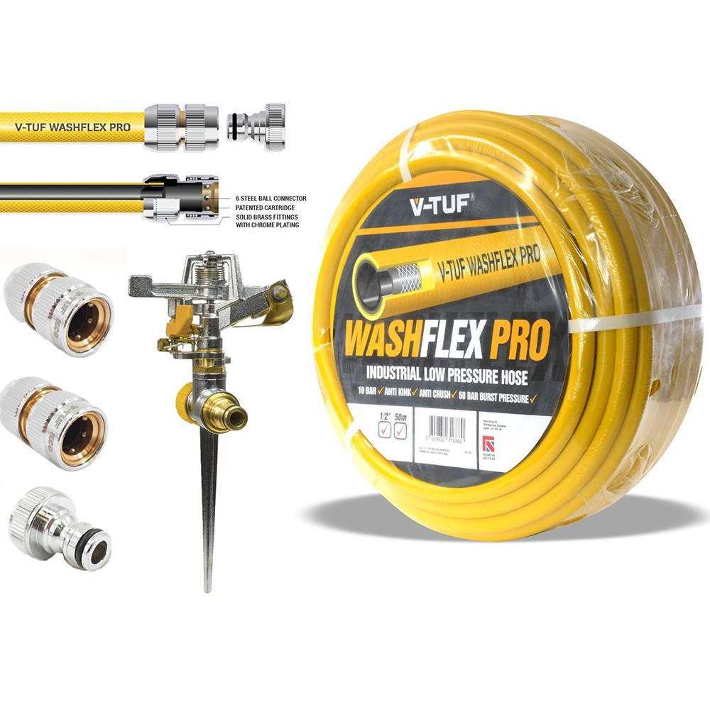 V-TUF 1/2 inch 10 Bar Washflex Pro Hose with KCQ Coupling & Irrigation Kit - 50m