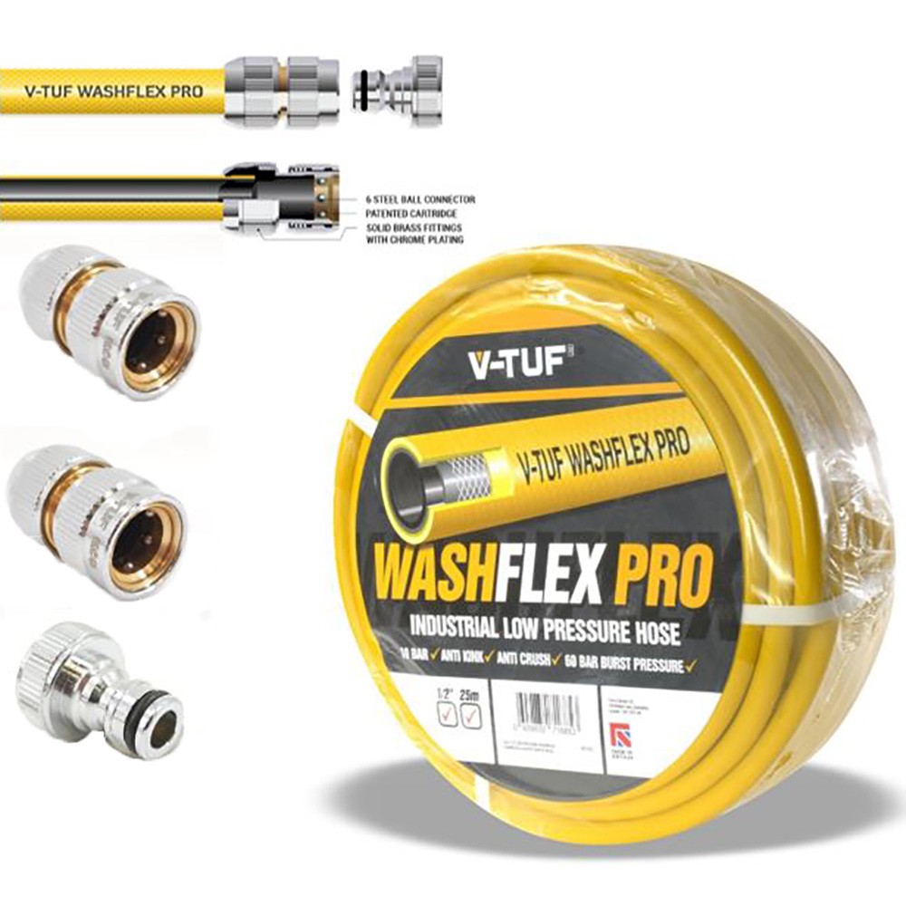 V-TUF 1/2 inch 10 Bar Washflex Pro Water Supply Hose & KCQ Coupling Kit - 25m