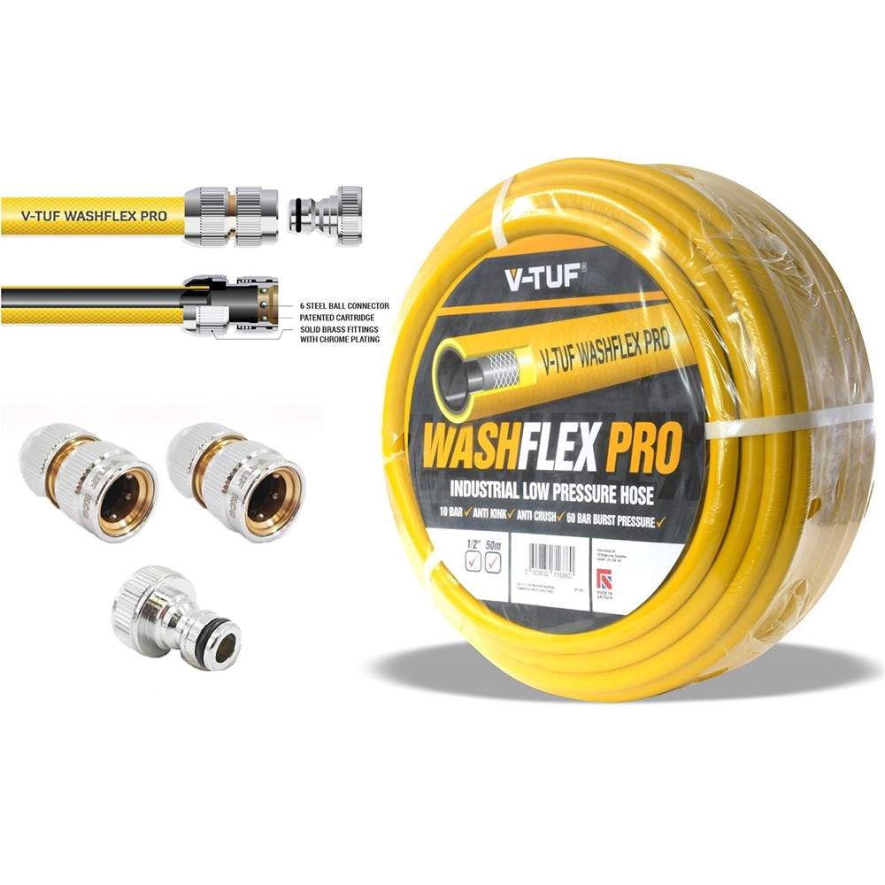 V-TUF 1/2 inch 10 Bar Washflex Pro Water Supply Hose &amp; KCQ Coupling Kit - 50m SteelEnforced Rubber