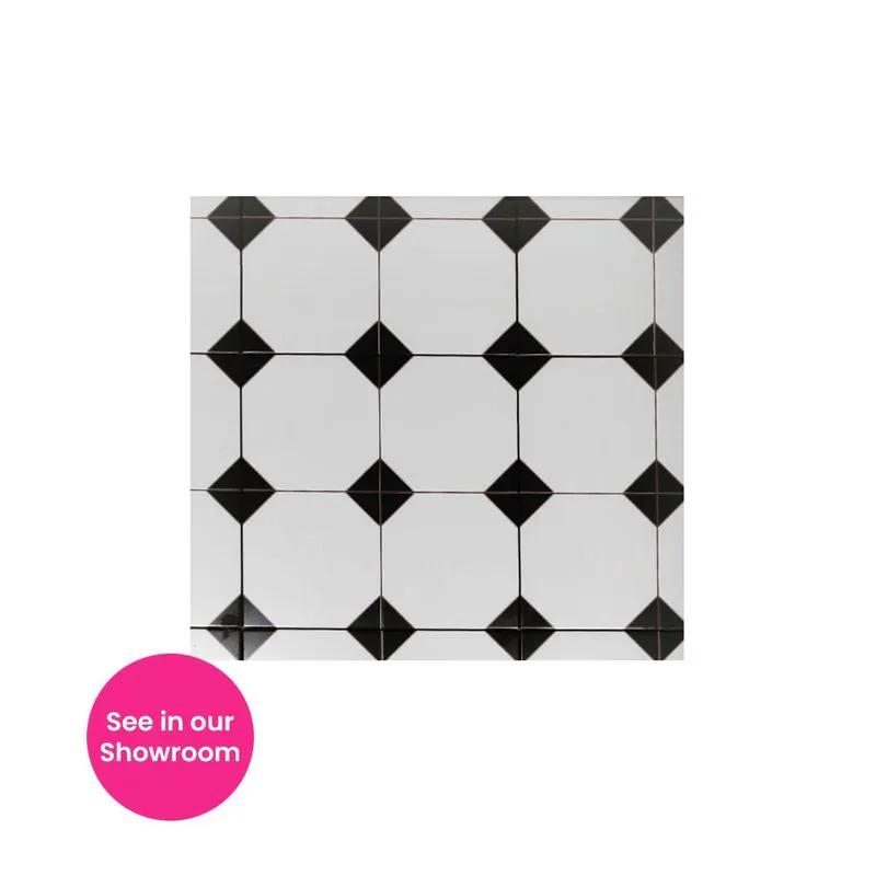 Victorian Black & White Octagonal Floor Tile - 450mm x 450mm | Plumbing ...