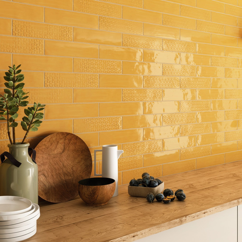 Villetta Mustard Yellow Gloss Ceramic Wall Tile 75mm x 300mm Tile