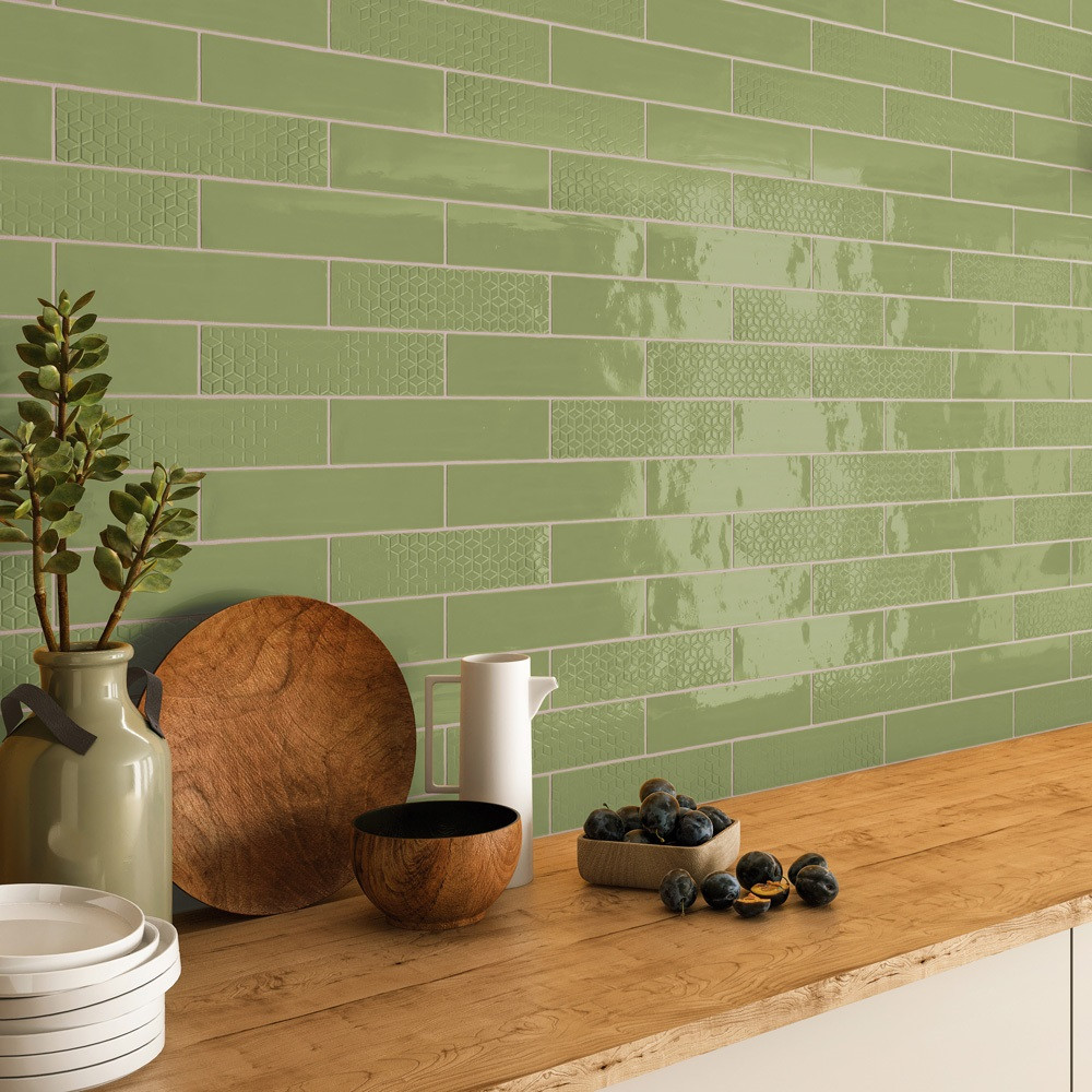 Villetta Sage Green Gloss Ceramic Wall Tile - 75mm x 300mm | Tile ...