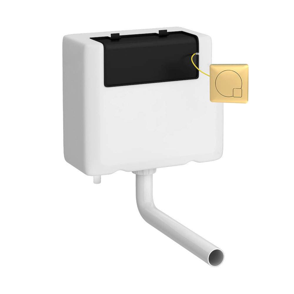 Nuie White Dual Flush Cistern With Bottom Inlet & Brushed Brass Square Push Button Black Silver Hd Polyethylene