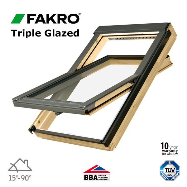 Fakro FTP V U5/06 Manual Pine Centre Pivot Triple Glazed Window - 78cm x 118cm