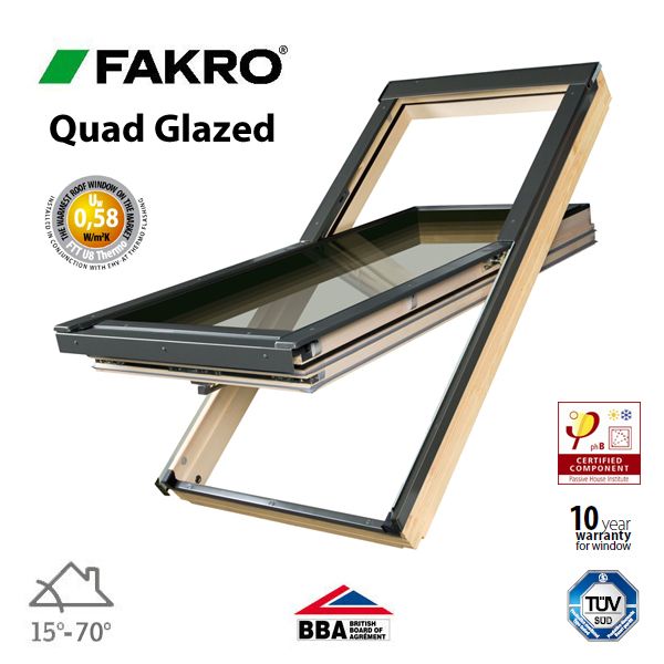 Fakro FTT U8/10 Quad Glazed Window Pine Centre Pivot - 114cm x 118cm