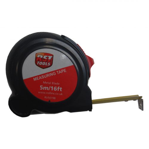 RST Black Plastic 5m Tape Measure - 16mm Metal Blade & Blade Lock