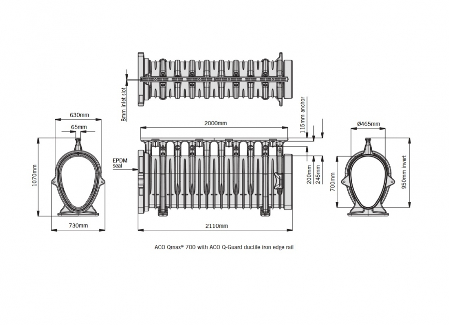 ACO Qmax 700 Slot Channel with QGuard Iron Edge Rail 2m Drainage
