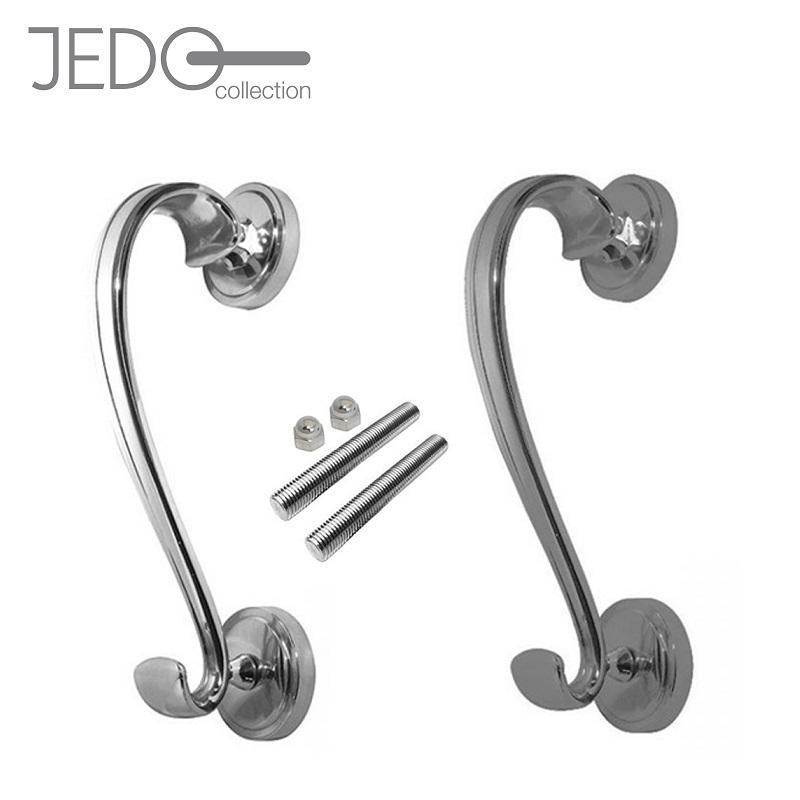 Jedo Traditional Chrome Sloane Scroll Front Door Knocker on Round Rose Polished Chrome